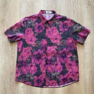 Short-Sleeve Floral Button-Down Shirt - Pink & Black